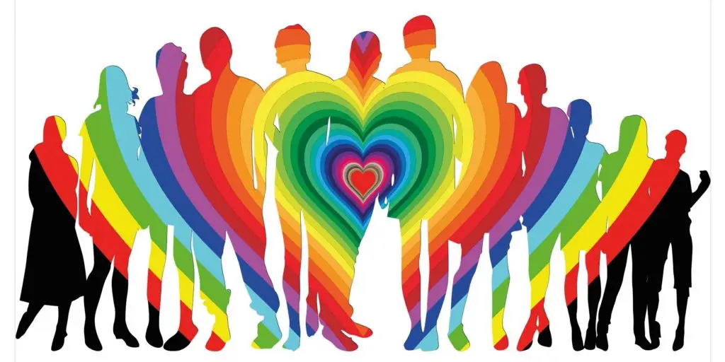 Viele Menschen, überlagert von einem regenbogenfarbigen Herz