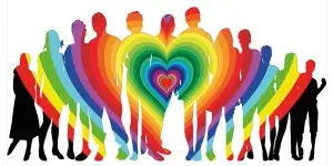 Viele Menschen, überlagert von einem regenbogenfarbigen Herz